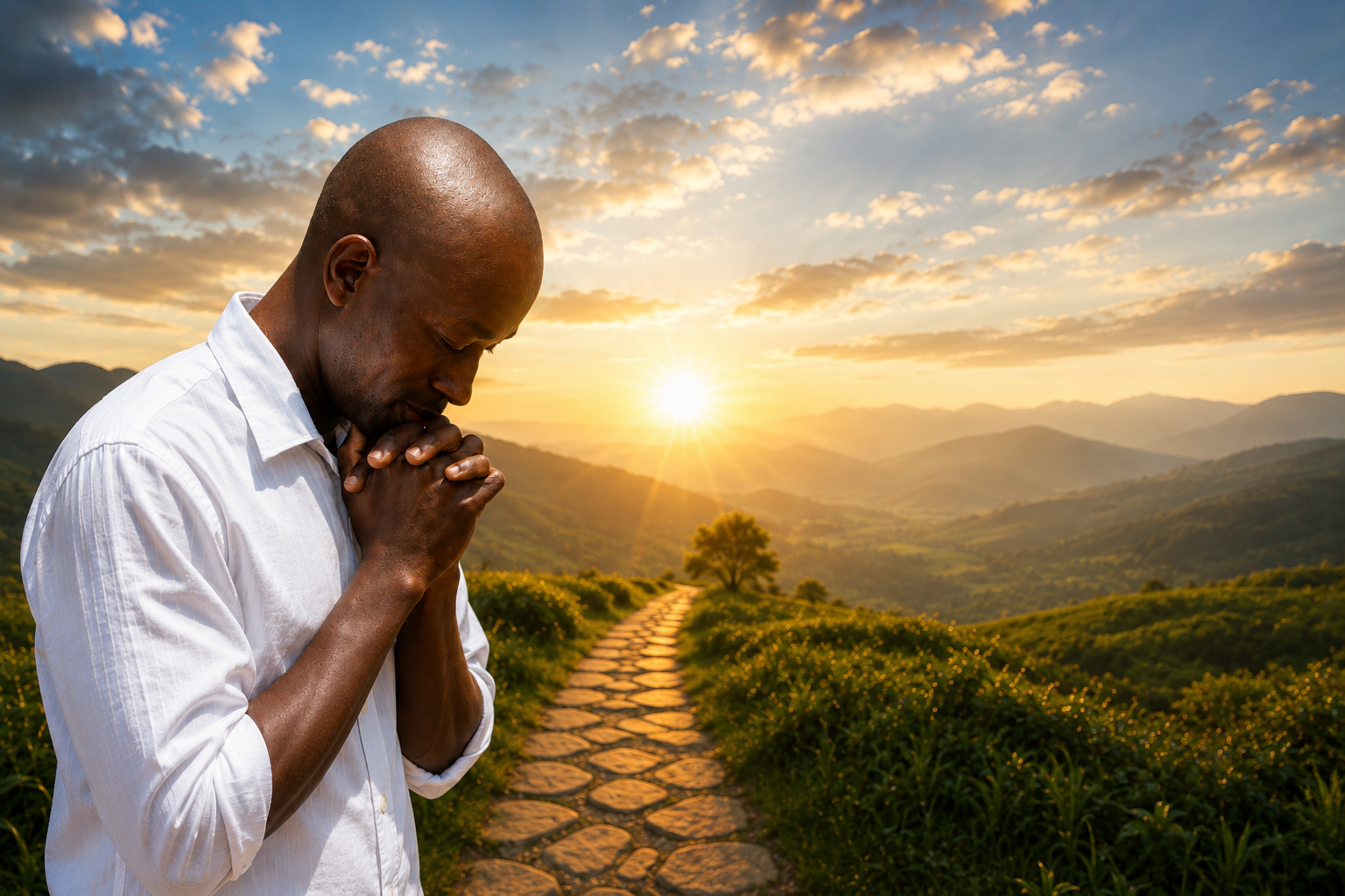 Man in quiet prayer overlooking a sunrise mountain path