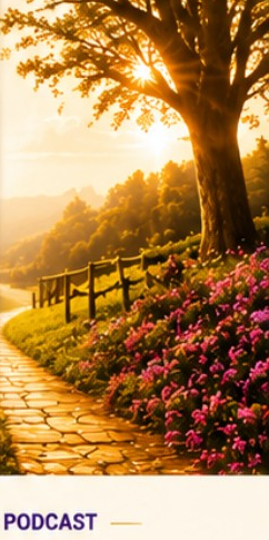 Stone path lined with flowers leading toward a sunset tree