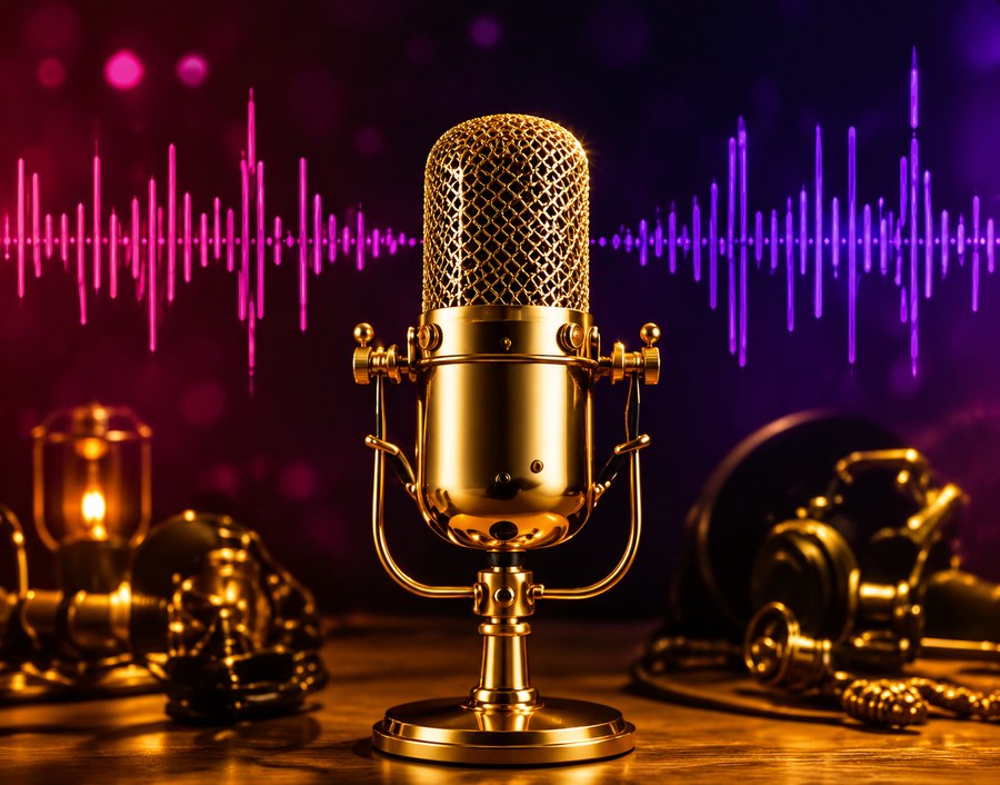 Vintage gold microphone with pink and purple sound waves