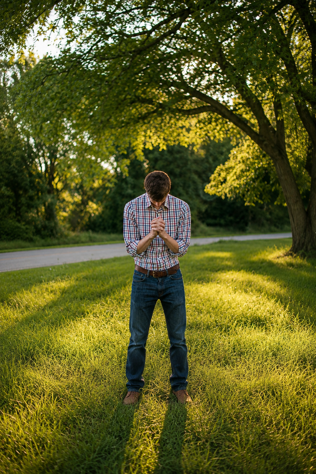 Man in quiet prayer in the grass