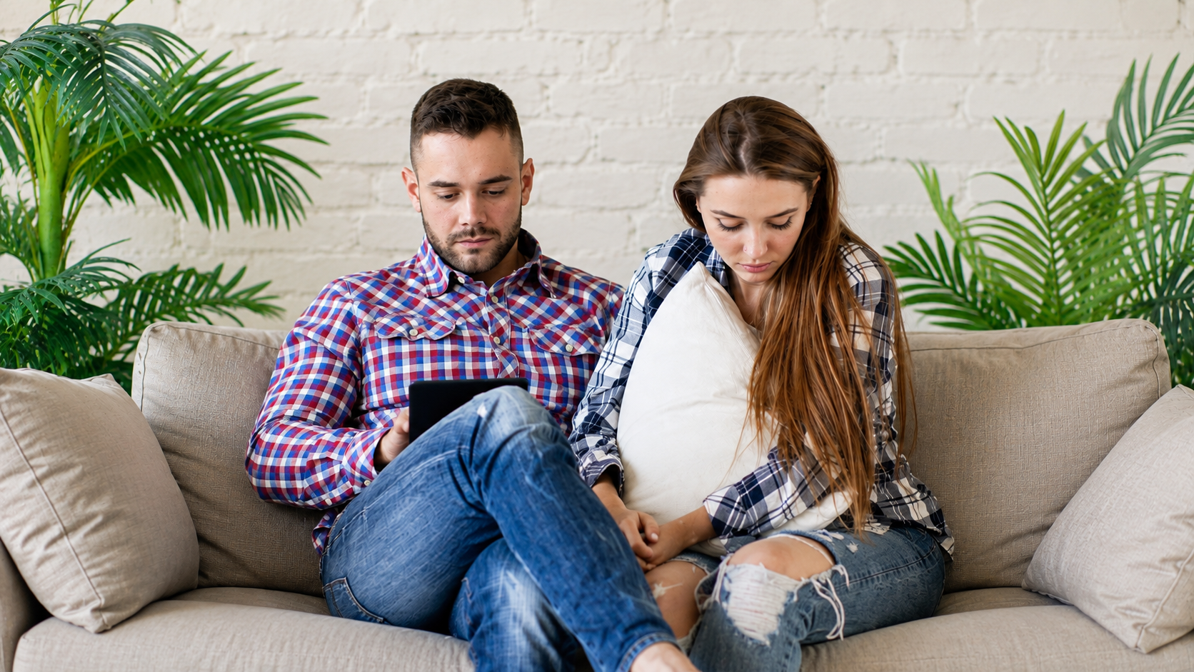 Couple sitting together but emotionally distant and disconnected