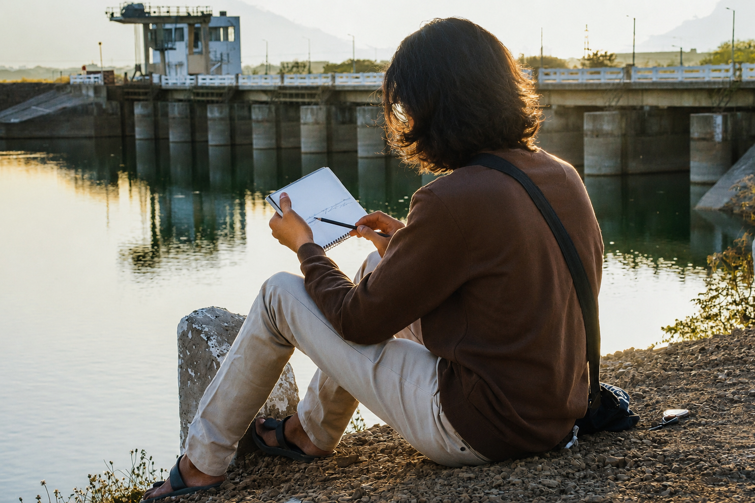Man journaling by the water reflecting on his journey