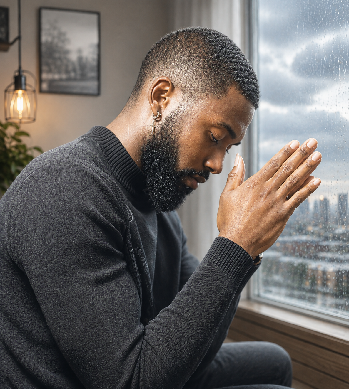 Man in prayer and reflection by a rainy window