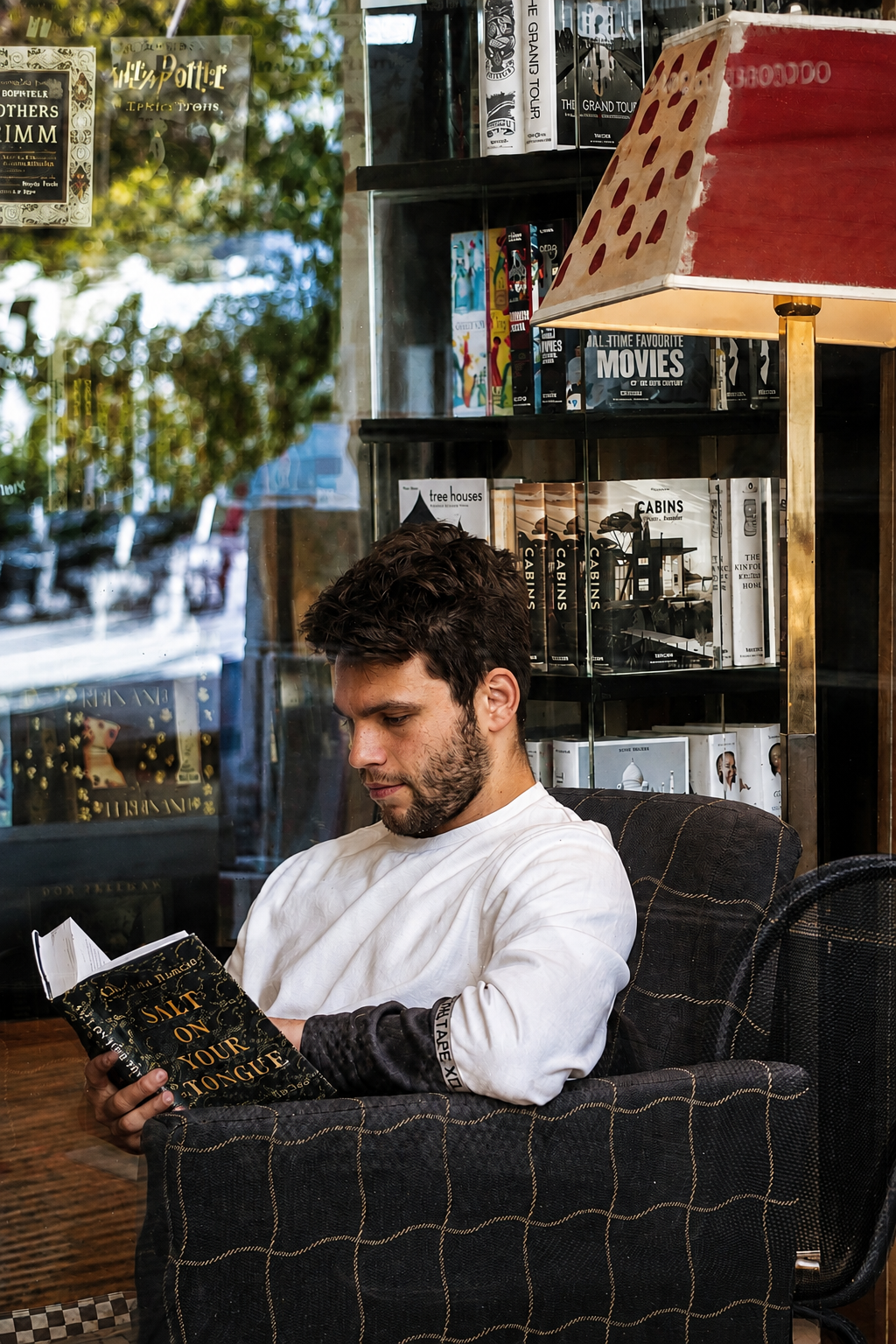 Man reading in quiet contemplation at a bookstore